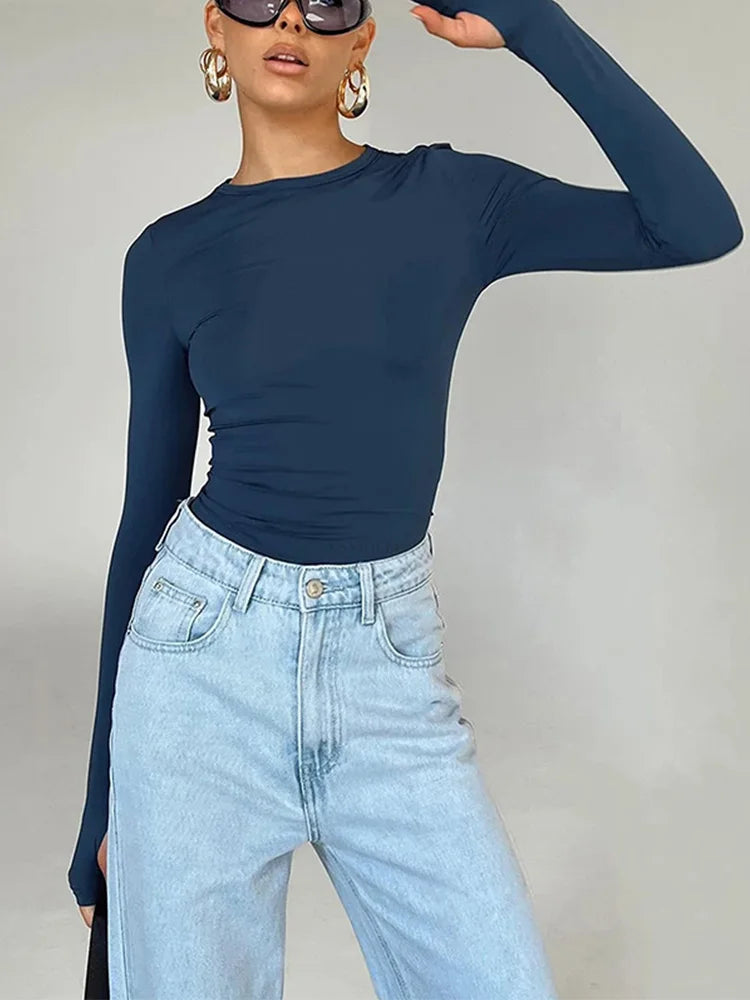 "T-shirt femme manches longues – slim fit, col rond, crop top uni, avec trous pour les pouces, streetwear, été" ✅