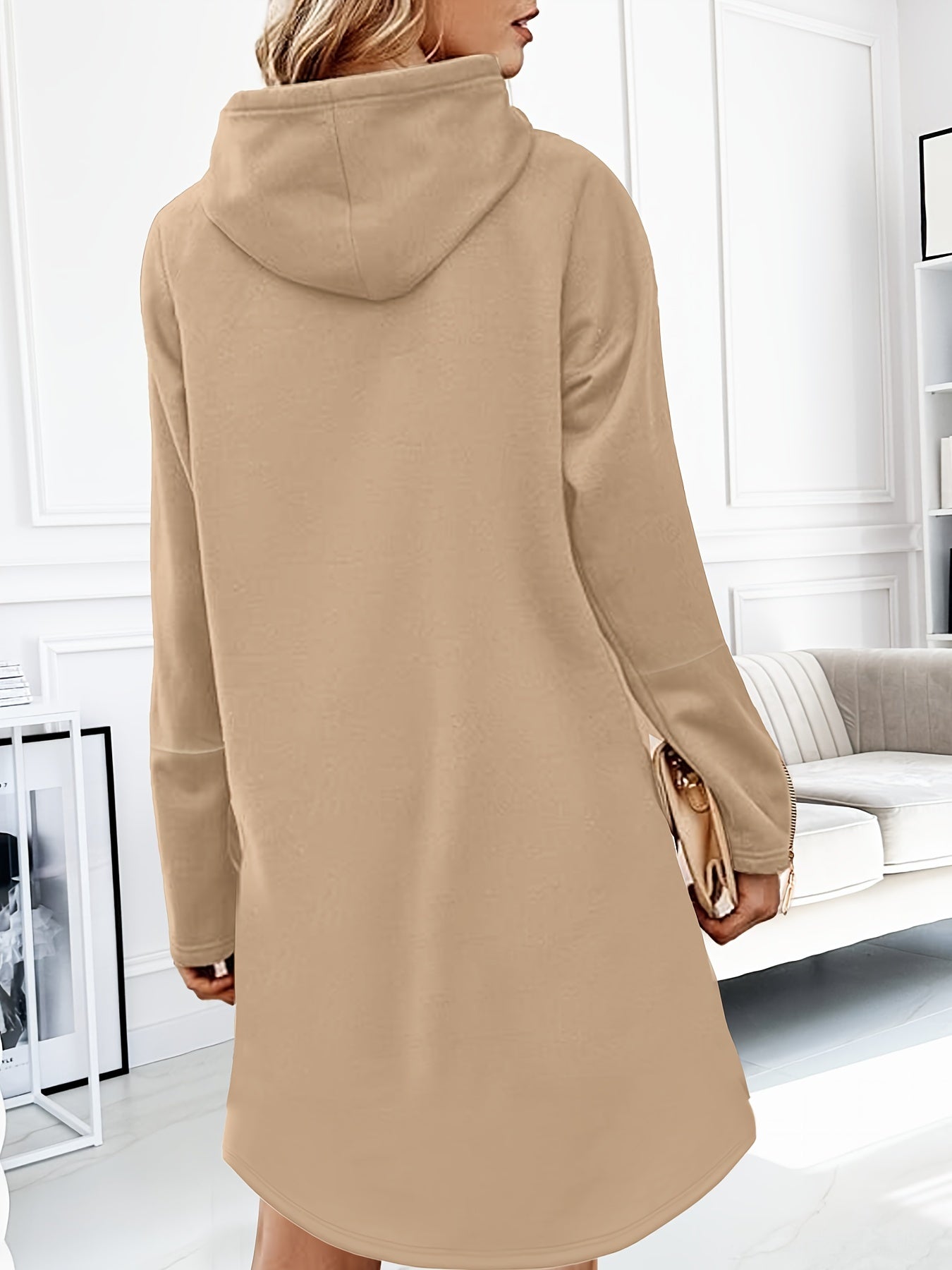 LS SHOP – Robe à Capuche avec Pompons | Mélange Polyester-Spandex, Détail Zippé Automne/Hiver