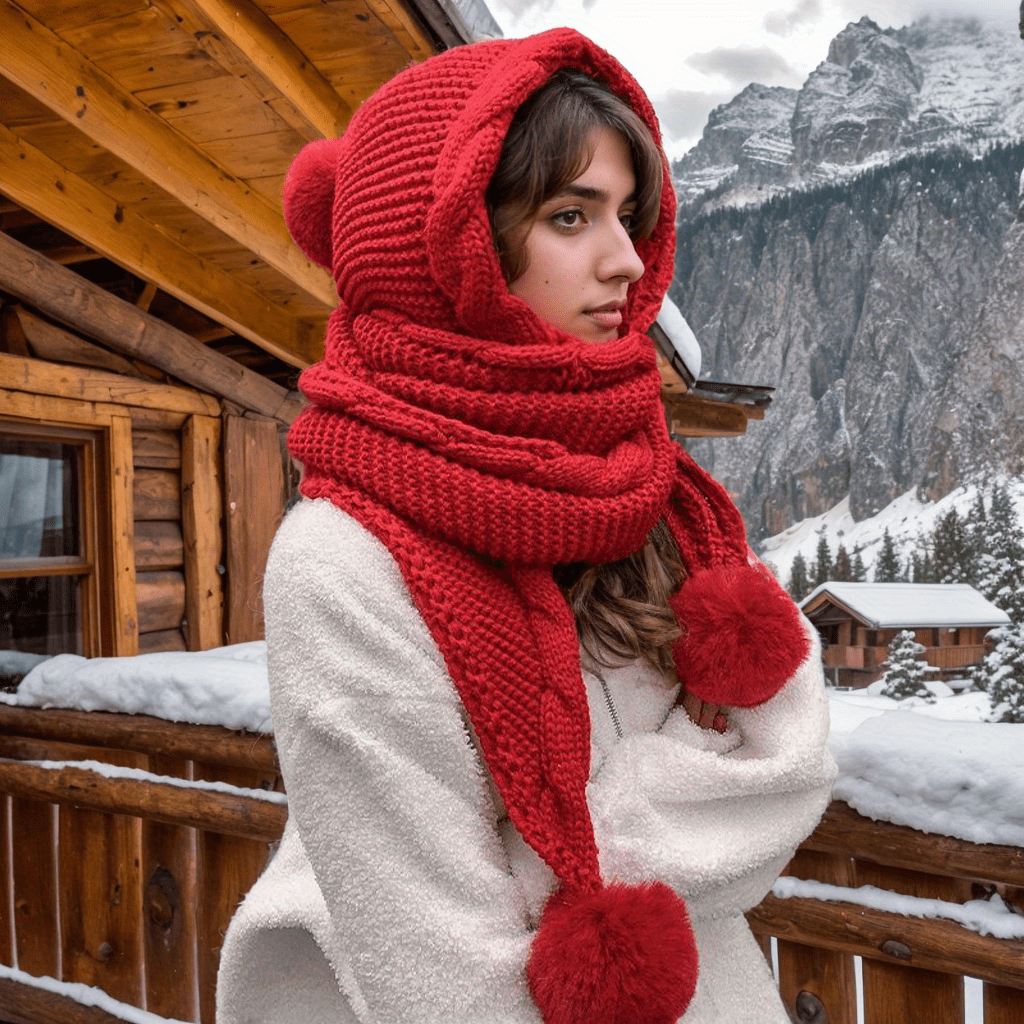 « LS-SHOP ❄️ Bonnet Femme Tricoté avec Écharpe Intégrée & 3 Pompons – Doublure Polaire Chaude, Protection Oreilles Hiver | ls-shop-bonnet-femme »