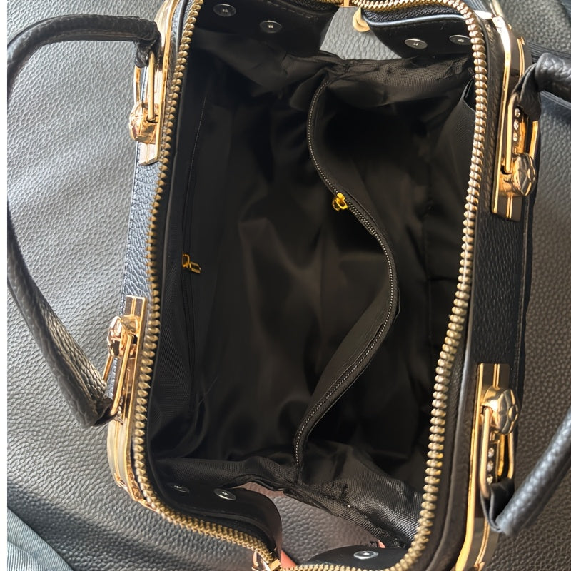 LS SHOP – Sac Boston Matelassé Noir | Bandoulière Réglable, Détail Strass et Clous Dorés