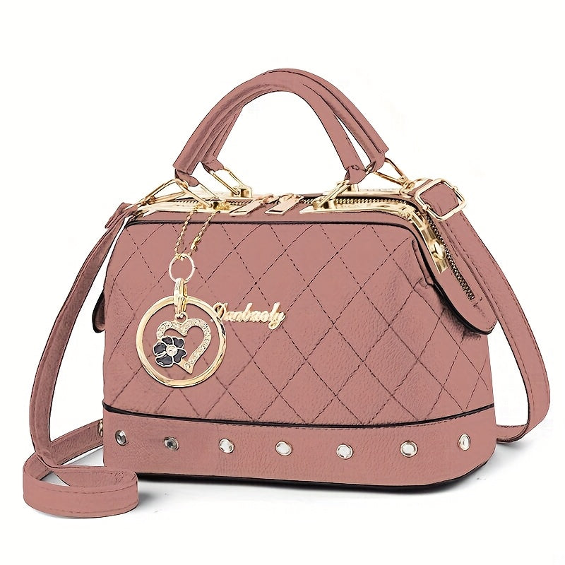 LS SHOP – Sac Boston Matelassé Noir | Bandoulière Réglable, Détail Strass et Clous Dorés