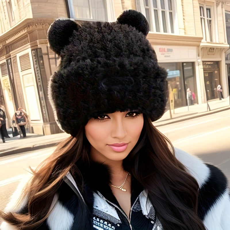 🧸❄️ LS Shop : Bonnet Hiver Femme – Oreilles d’Ours, Doux & Chaud 🖤✨