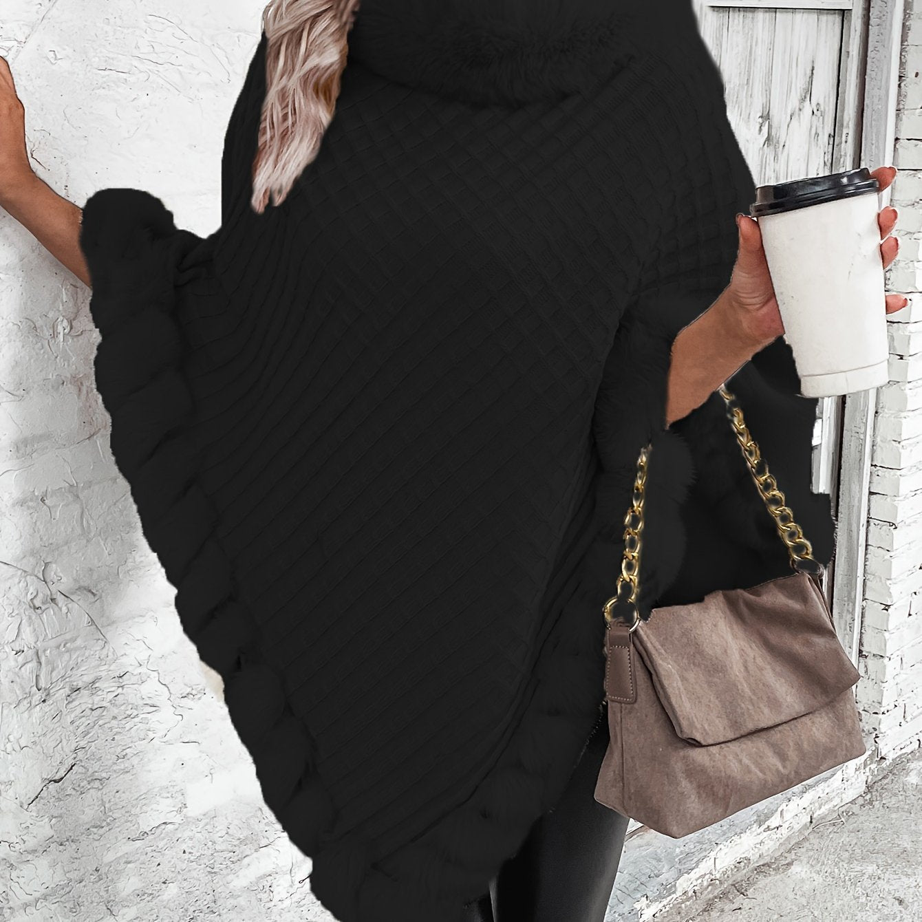 « LS-SHOP 🍁 Cape-Cardigan Femme Oversize – Col Fausse Fourrure, Ourlet Volanté, Marron & Gris | Cozy Automne/Hiver | ls-shop-cape-cardigan »