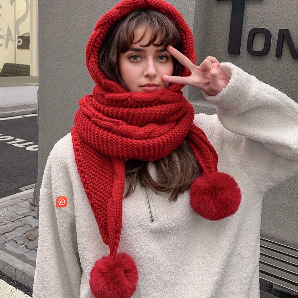 « LS-SHOP ❄️ Bonnet Femme Tricoté avec Écharpe Intégrée & 3 Pompons – Doublure Polaire Chaude, Protection Oreilles Hiver | ls-shop-bonnet-femme »