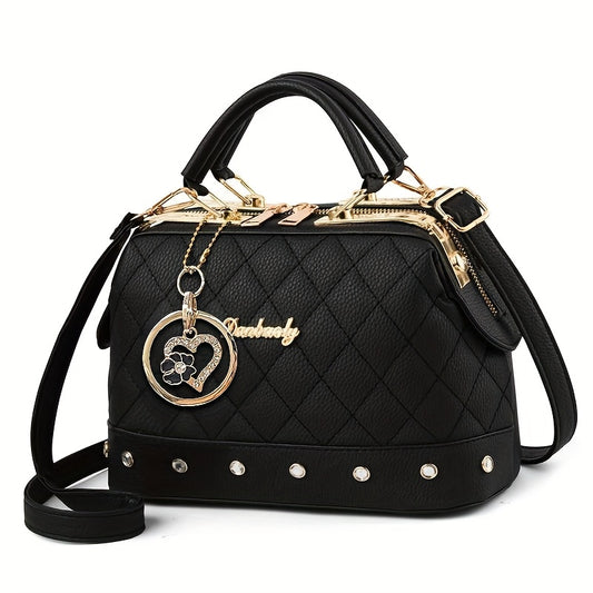 LS SHOP – Sac Boston Matelassé Noir | Bandoulière Réglable, Détail Strass et Clous Dorés