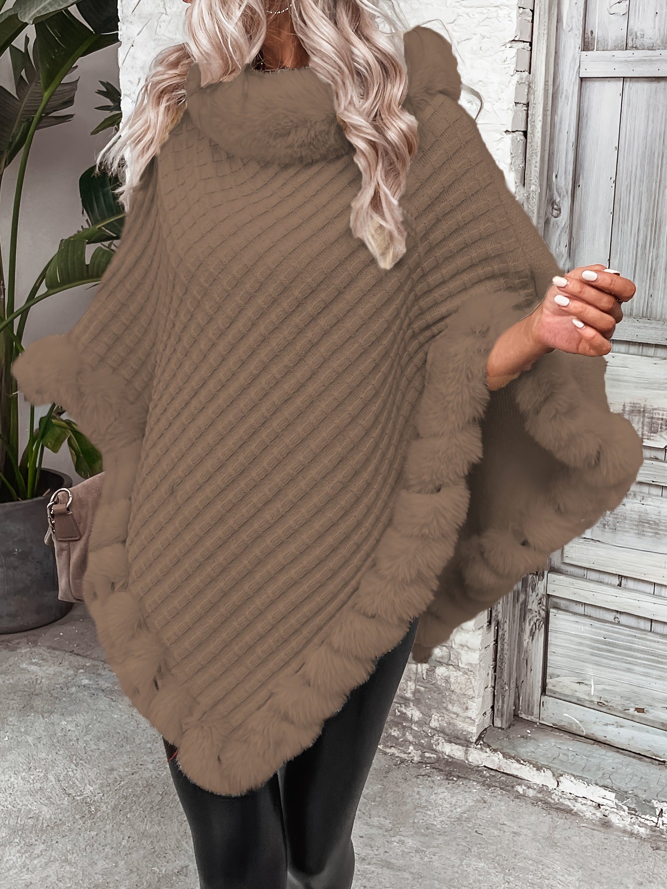 « LS-SHOP 🍁 Cape-Cardigan Femme Oversize – Col Fausse Fourrure, Ourlet Volanté, Marron & Gris | Cozy Automne/Hiver | ls-shop-cape-cardigan »