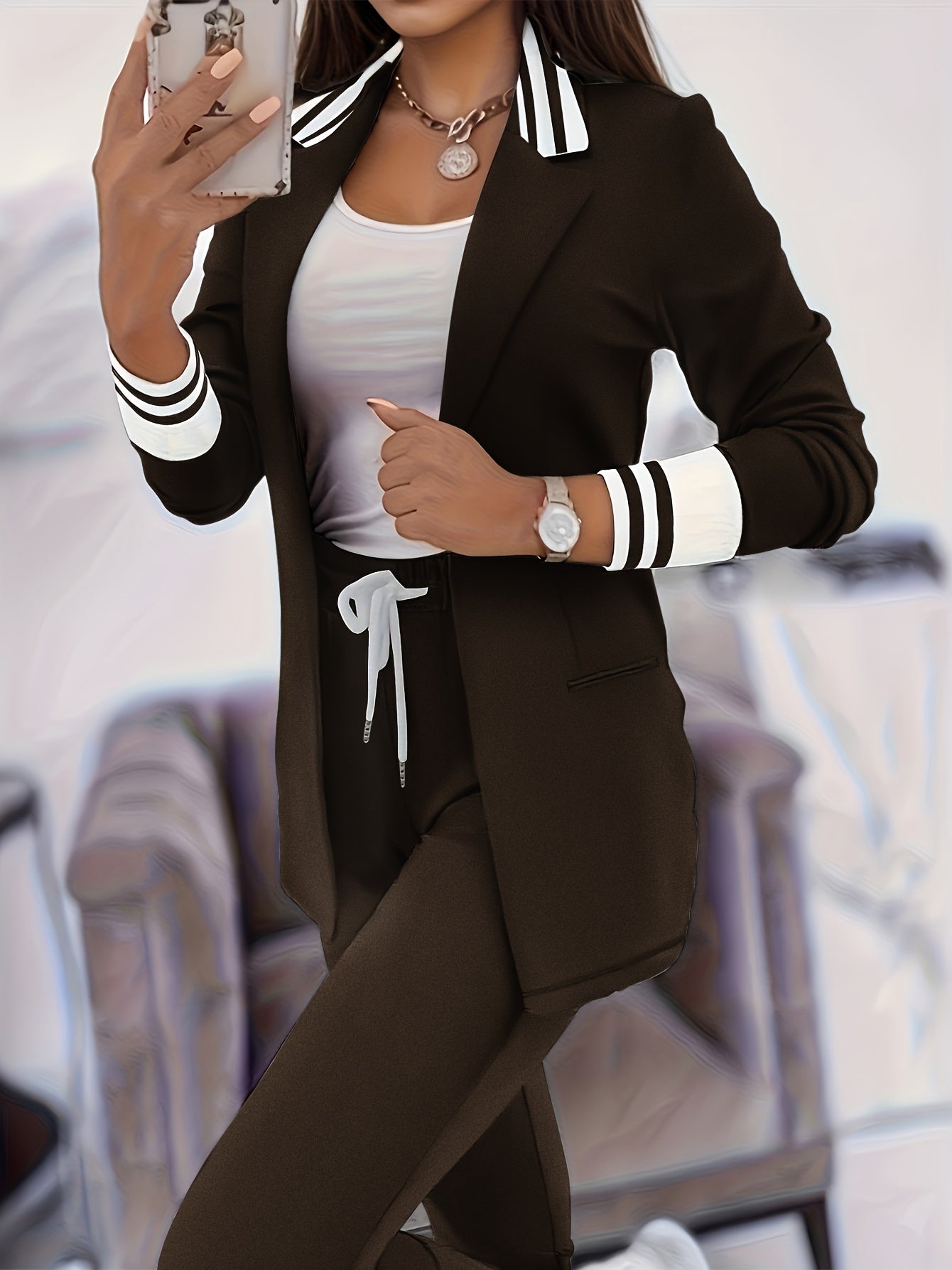 LS SHOP – Ensemble Blazer et Pantalon Beige Élégant | Col Revers, Manches Longues et Poches