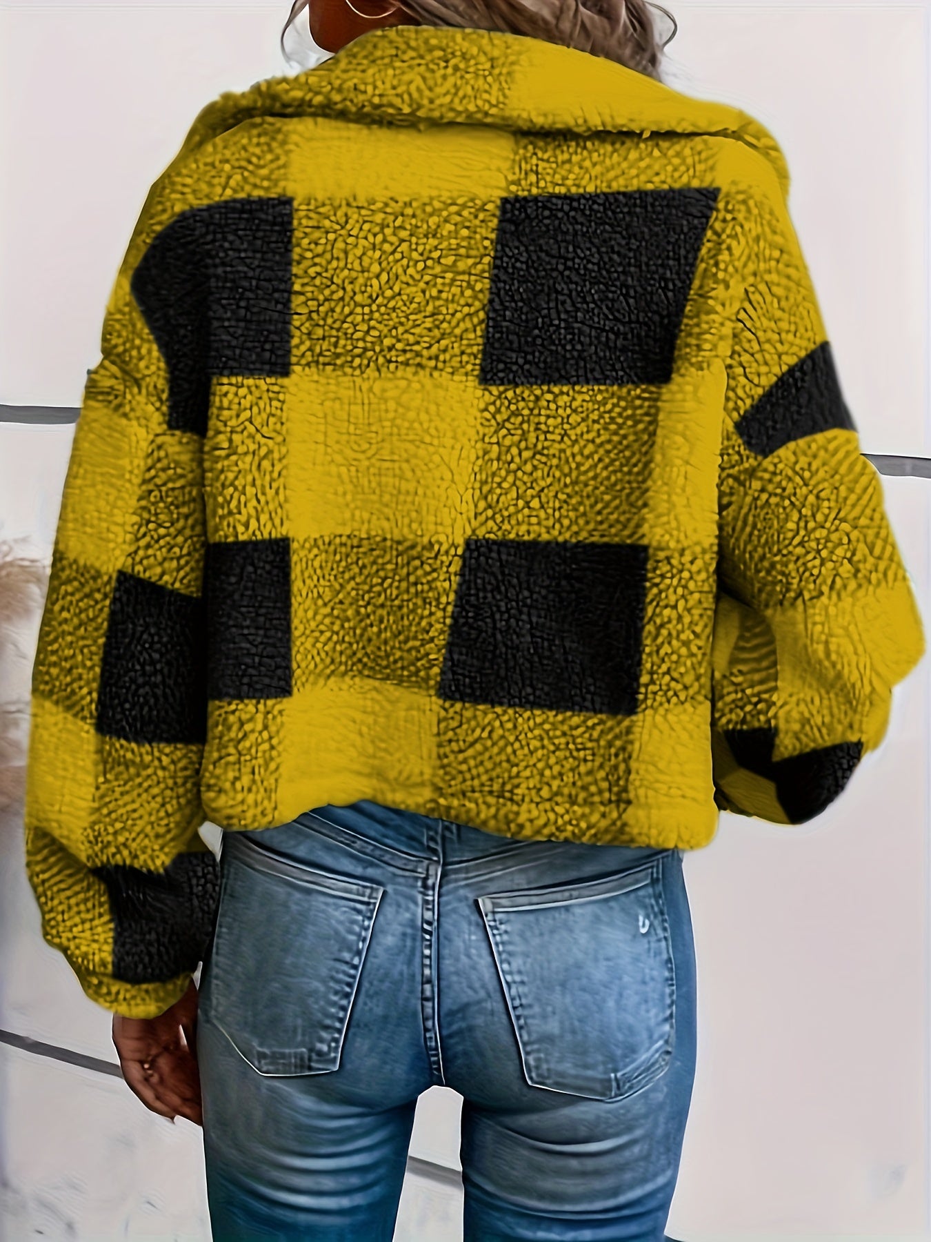 LS SHOP – Manteau Teddy à Carreaux avec Boutons | Veste Longue Hiver Thermique pour Femme