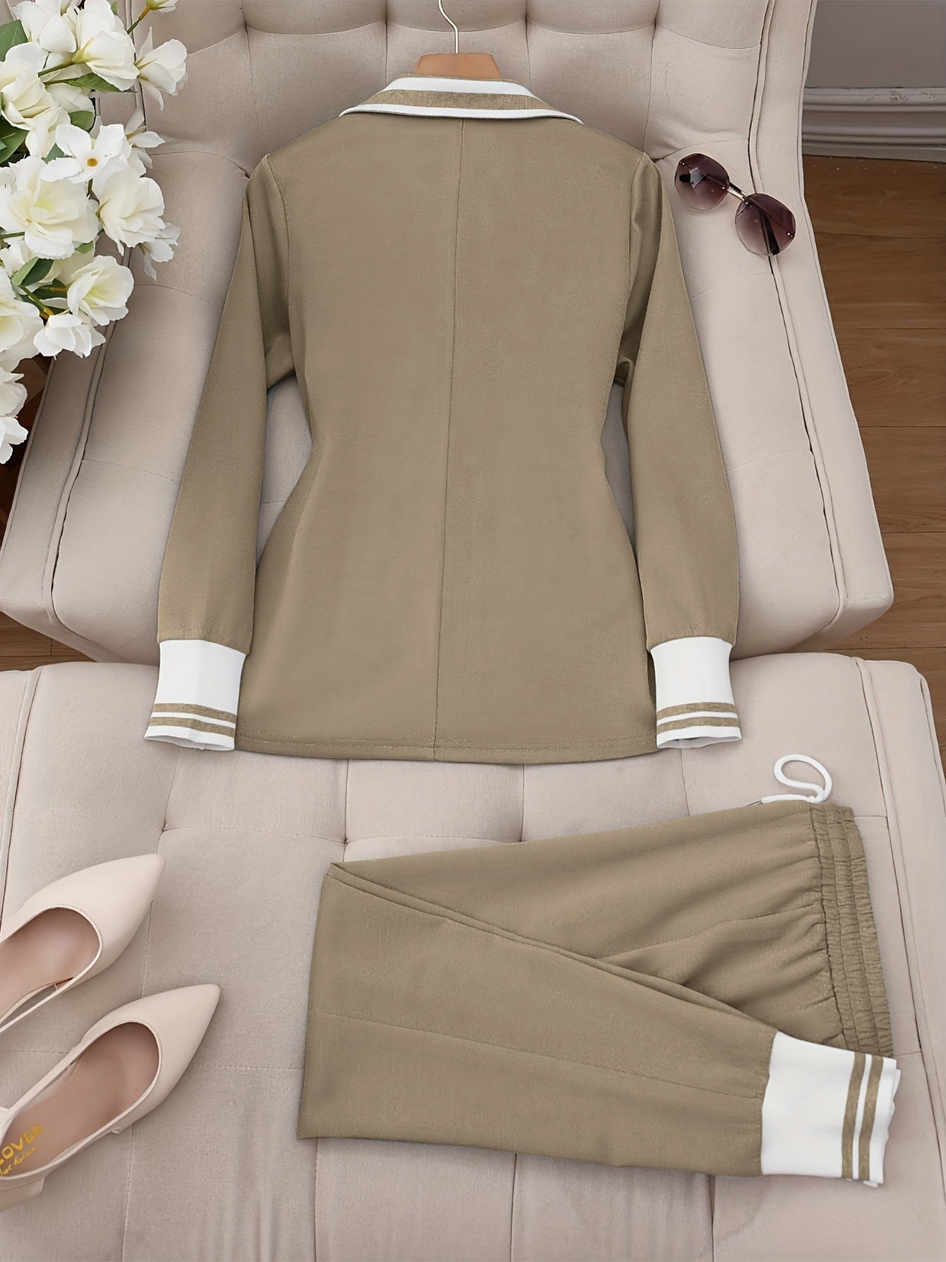 LS SHOP – Ensemble Blazer et Pantalon Beige Élégant | Col Revers, Manches Longues et Poches