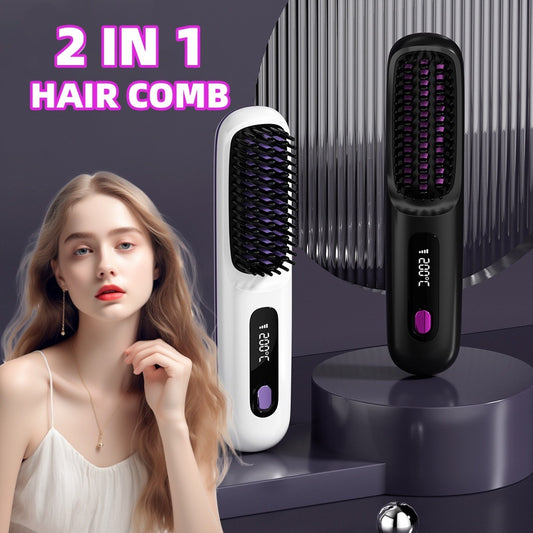 LS SHOP – Brosse Lissante et Boucleuse Sans Fil 2-en-1 | Chauffe Rapide, USB Portable