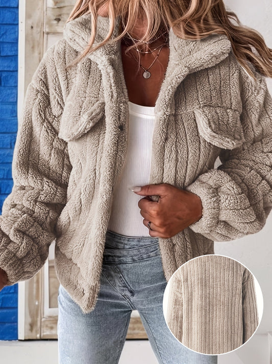 LS SHOP – Veste Teddy Décontractée pour Femme avec Fausses Poches | Polyester Confortable Automne/Hiver