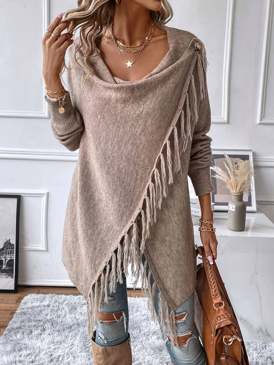 « LS-SHOP 🍂 Cardigan Femme Marron Élégant – Châle à Franges et Ourlet Volanté, Confortable Automne/Hiver | Style Casual & Cozy | ls-shop-cardigan-franges »