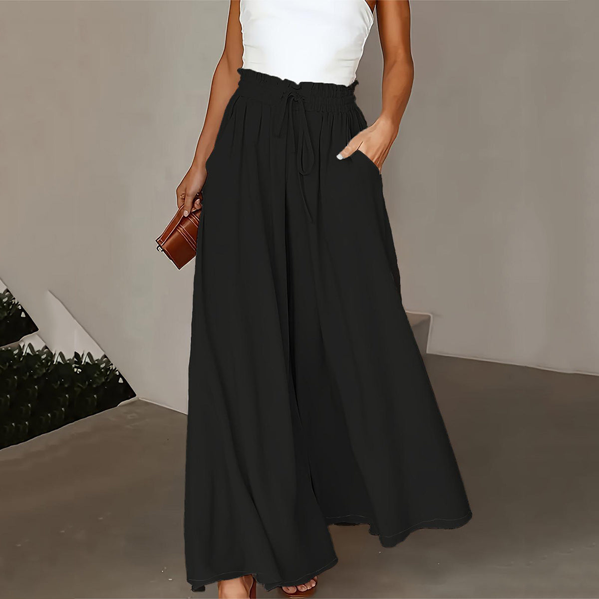 "Pantalon Femme Grande Taille – Taille Paper Bag, Jambe Large, Ceinture à Nouer, Poches, Look Élégant