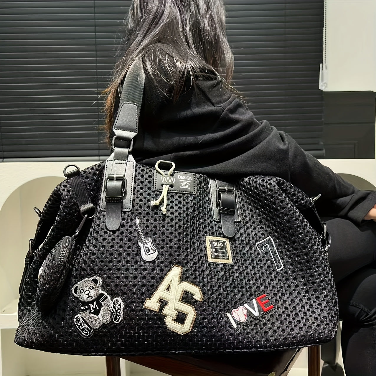 👜 LS SHOP – Sac Cabas XXL en Nylon Noir avec Teddy Bear – Tendance, Ultra-Pratique & Idéal Voyages ✨