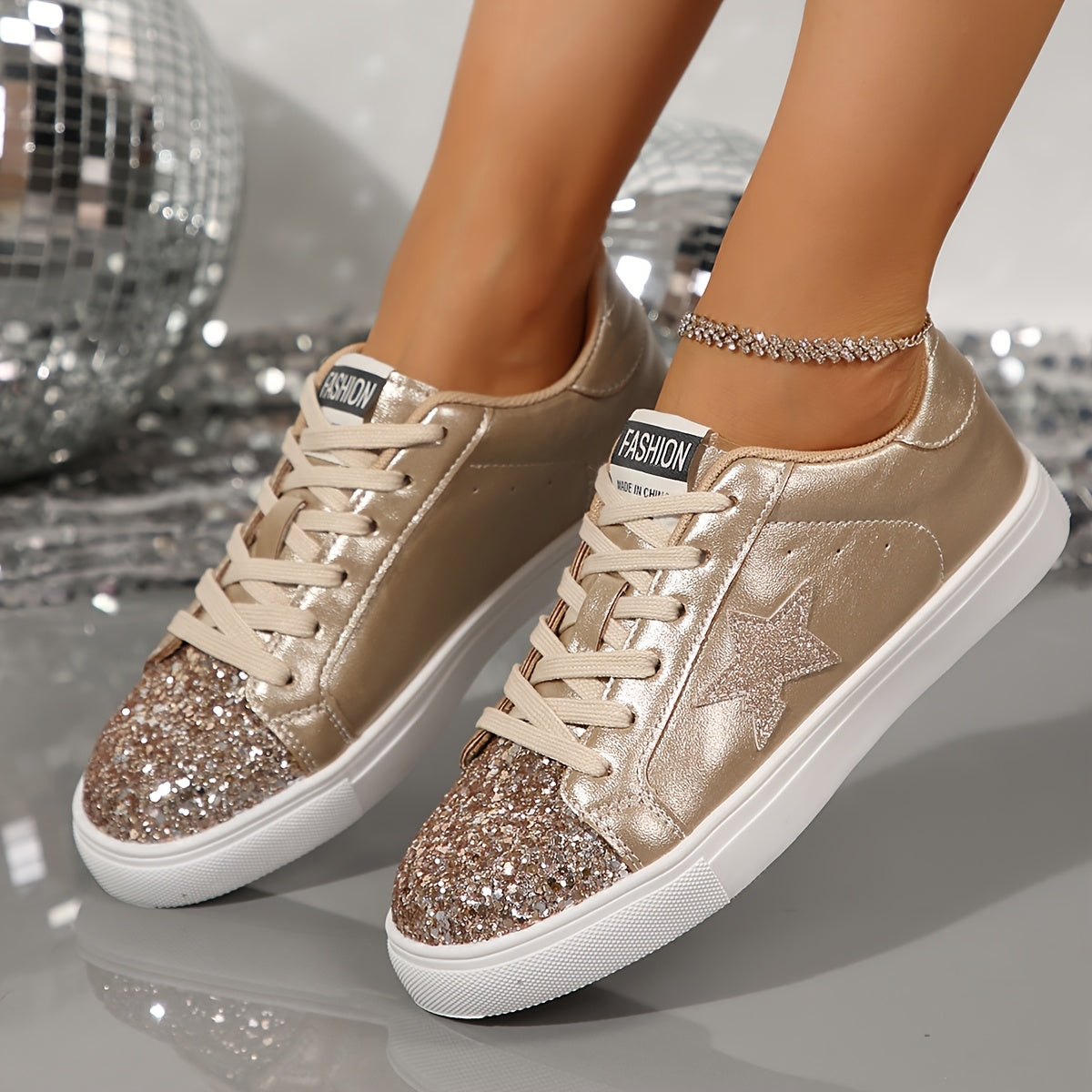 👟 LS SHOP – Baskets Pailletées Dorées pour Femme – Confortables & Stylées ✨
