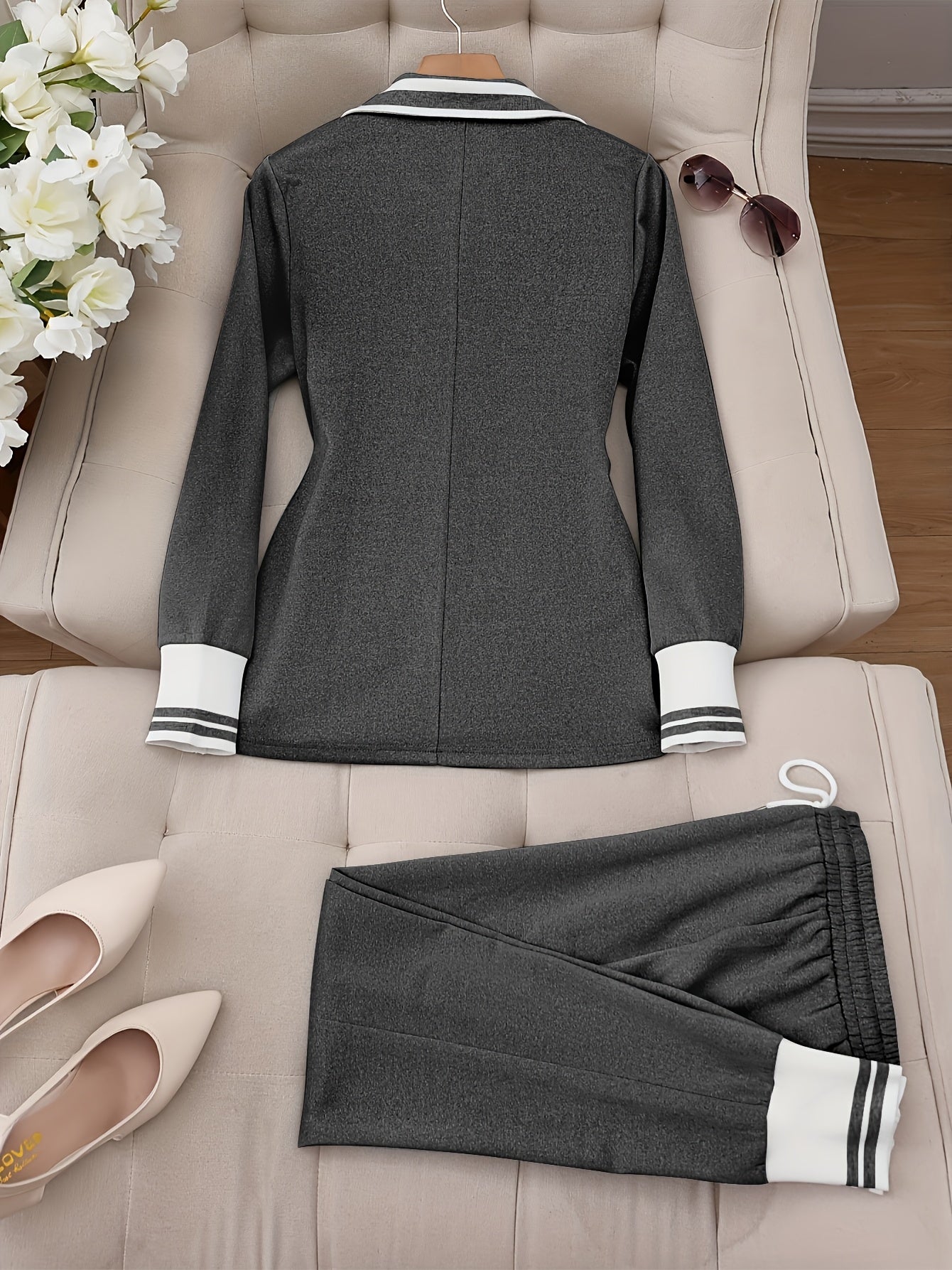 LS SHOP – Ensemble Blazer et Pantalon Beige Élégant | Col Revers, Manches Longues et Poches