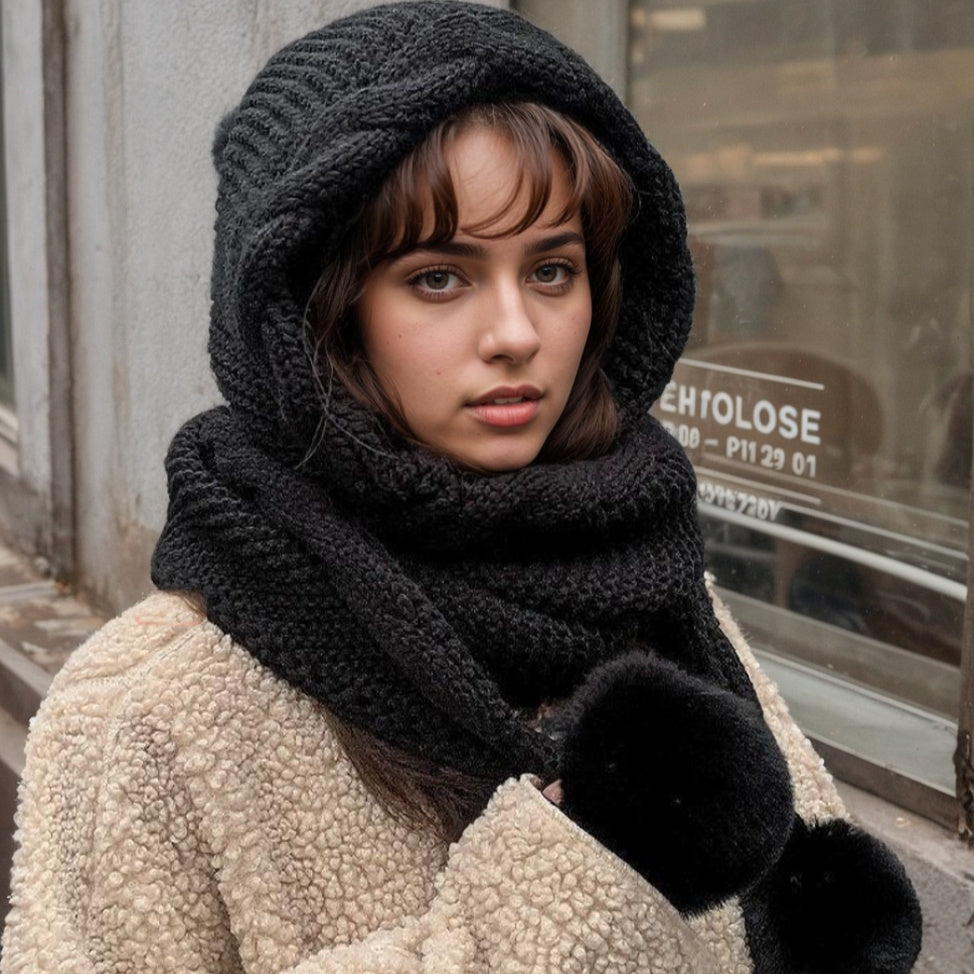 « LS-SHOP ❄️ Bonnet Femme Tricoté avec Écharpe Intégrée & 3 Pompons – Doublure Polaire Chaude, Protection Oreilles Hiver | ls-shop-bonnet-femme »