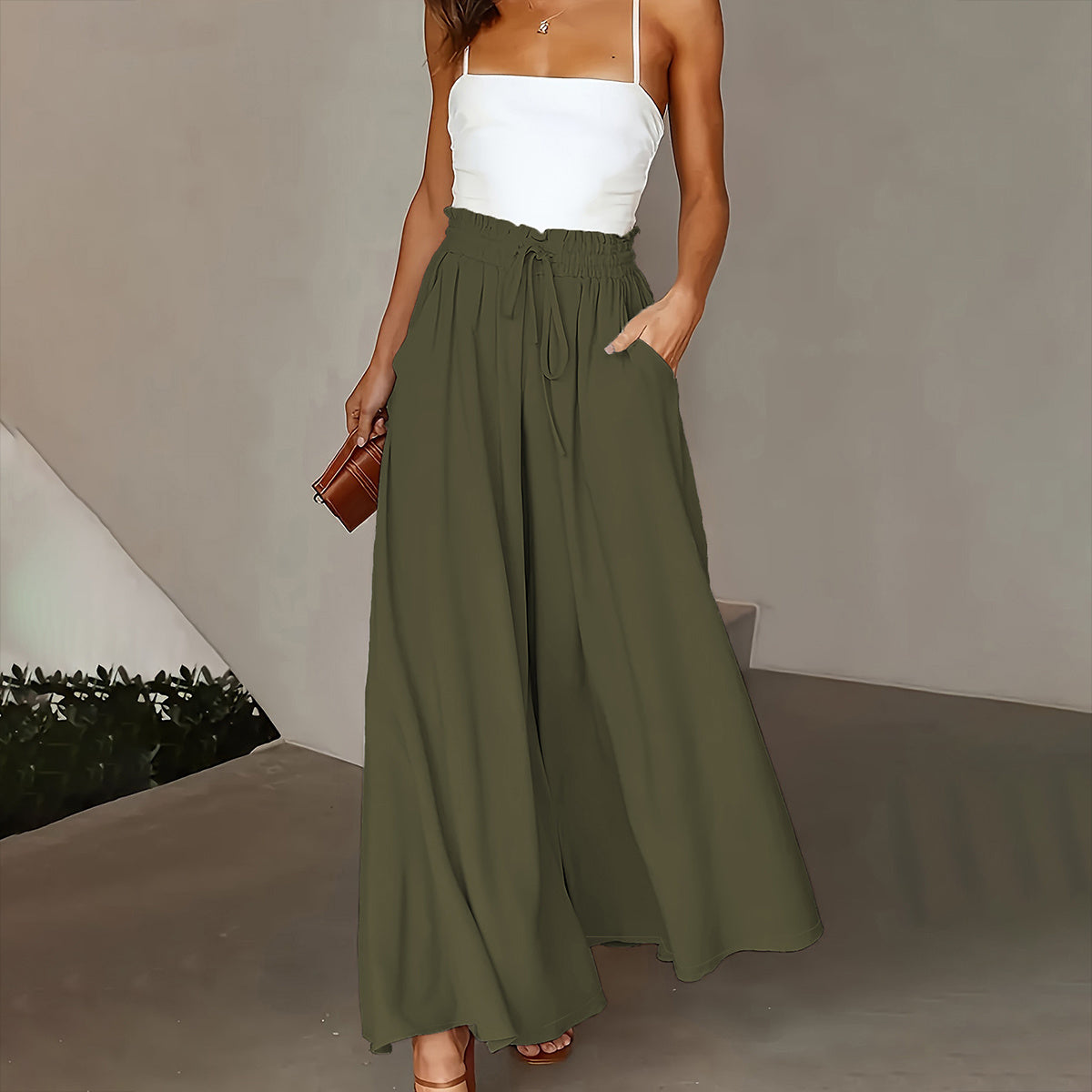 "Pantalon Femme Grande Taille – Taille Paper Bag, Jambe Large, Ceinture à Nouer, Poches, Look Élégant